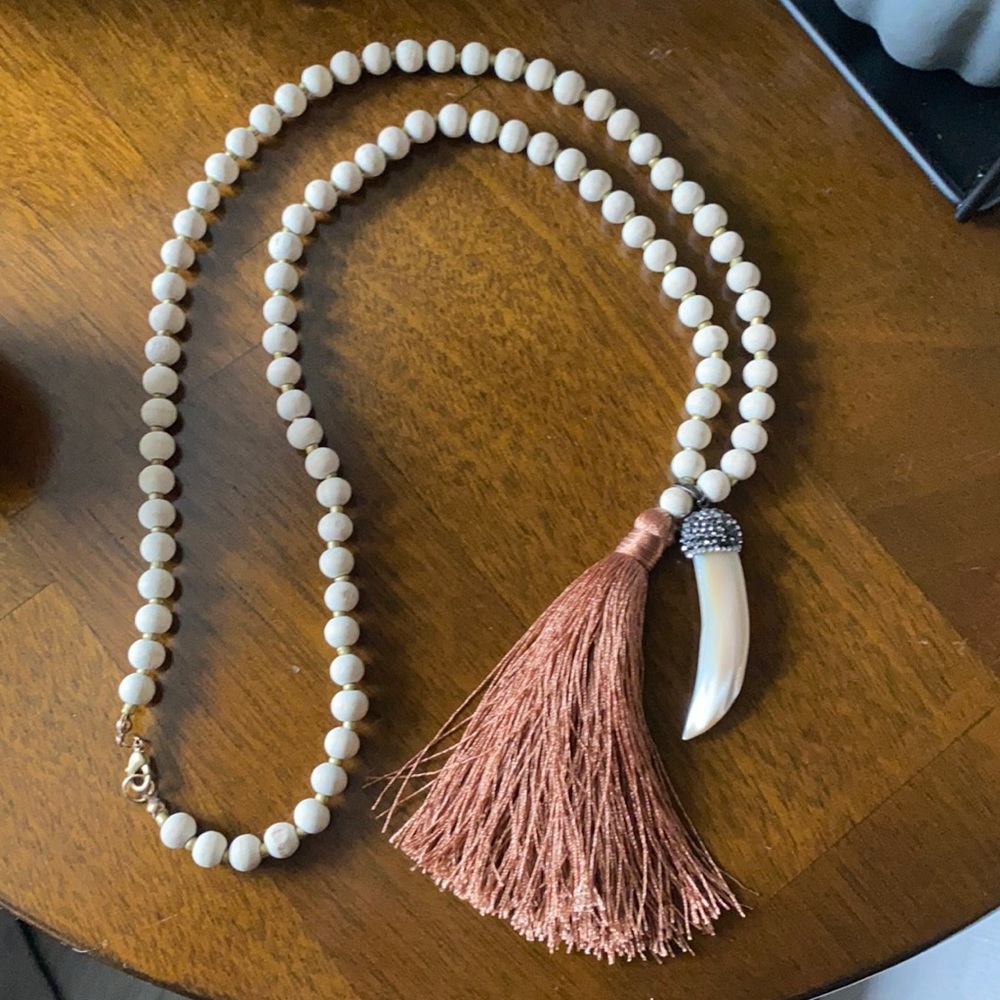 Beaded Fringe Necklace with Crystal Horn Accent